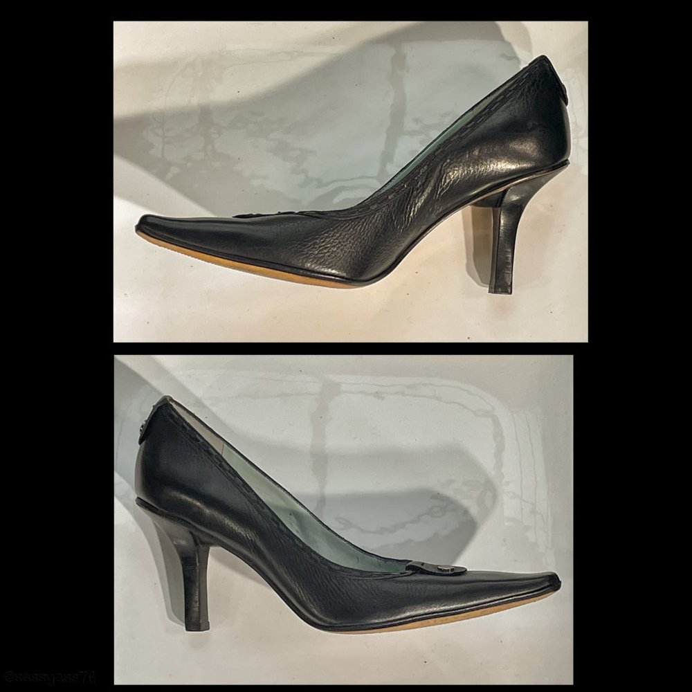 ⭐️HP⭐️VTG▪️ANTONIO MELANI▪️Dark Navy Gold Paneled Leather 'Mad Men' Heels - Picture 6 of 10